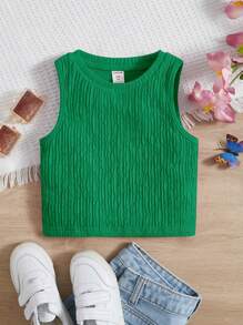 SHEIN Round Neck Sleeveless Knitted Solid Color Tank Top For Young Girls - Green - View 1