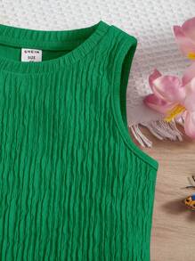 SHEIN Round Neck Sleeveless Knitted Solid Color Tank Top For Young Girls - Green - View 4