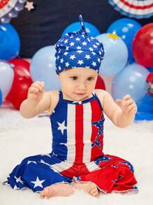 SHEIN 嬰兒星星印花撞色喇叭吊帶連體褲 - 彩色 - 查看 7