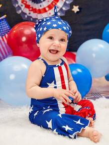 SHEIN 嬰兒星星印花撞色喇叭吊帶連體褲 - 彩色 - 查看 8