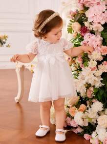 SHEIN Baby Floral Embroidery Puff Sleeve Bow Front Mesh Overlay Dress - White - View 4