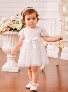 SHEIN Baby Floral Embroidery Puff Sleeve Bow Front Mesh Overlay Dress - White - View 5