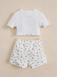 SHEIN Sơ sinh Em bé Cô gái , Lấy cảm hứng từ kỳ nghỉ , Thoải mái , Đúng mốt , Linh hoạt , Dễ thương Và Mềm mại Mùa hè Trắng In Áo & Màu hồng Hoa Lỏng lẻo Bộ quần short - Nhiều màu - Xem 2