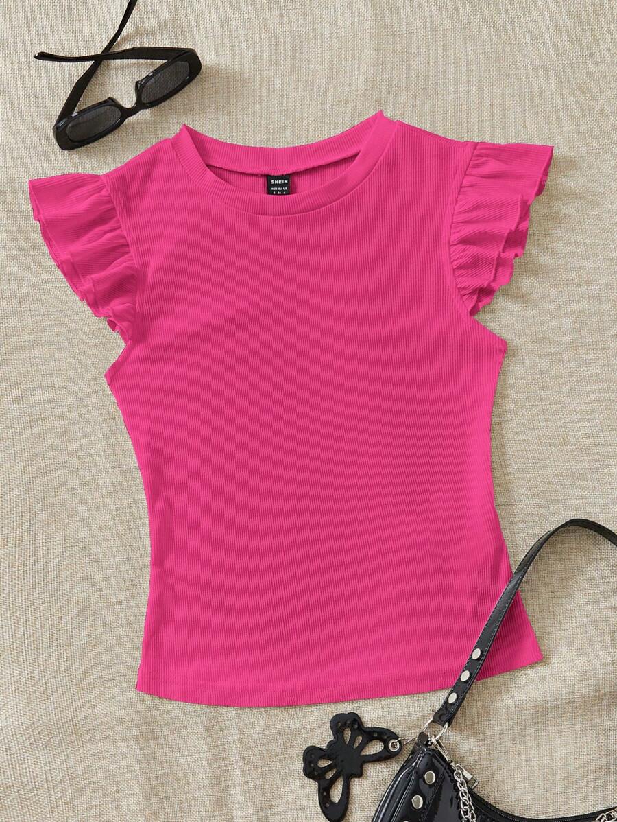 Soleia WYWH Vacation Ruffle Trim Ribbed Knit Pink Tee - Hot Pink - View 1