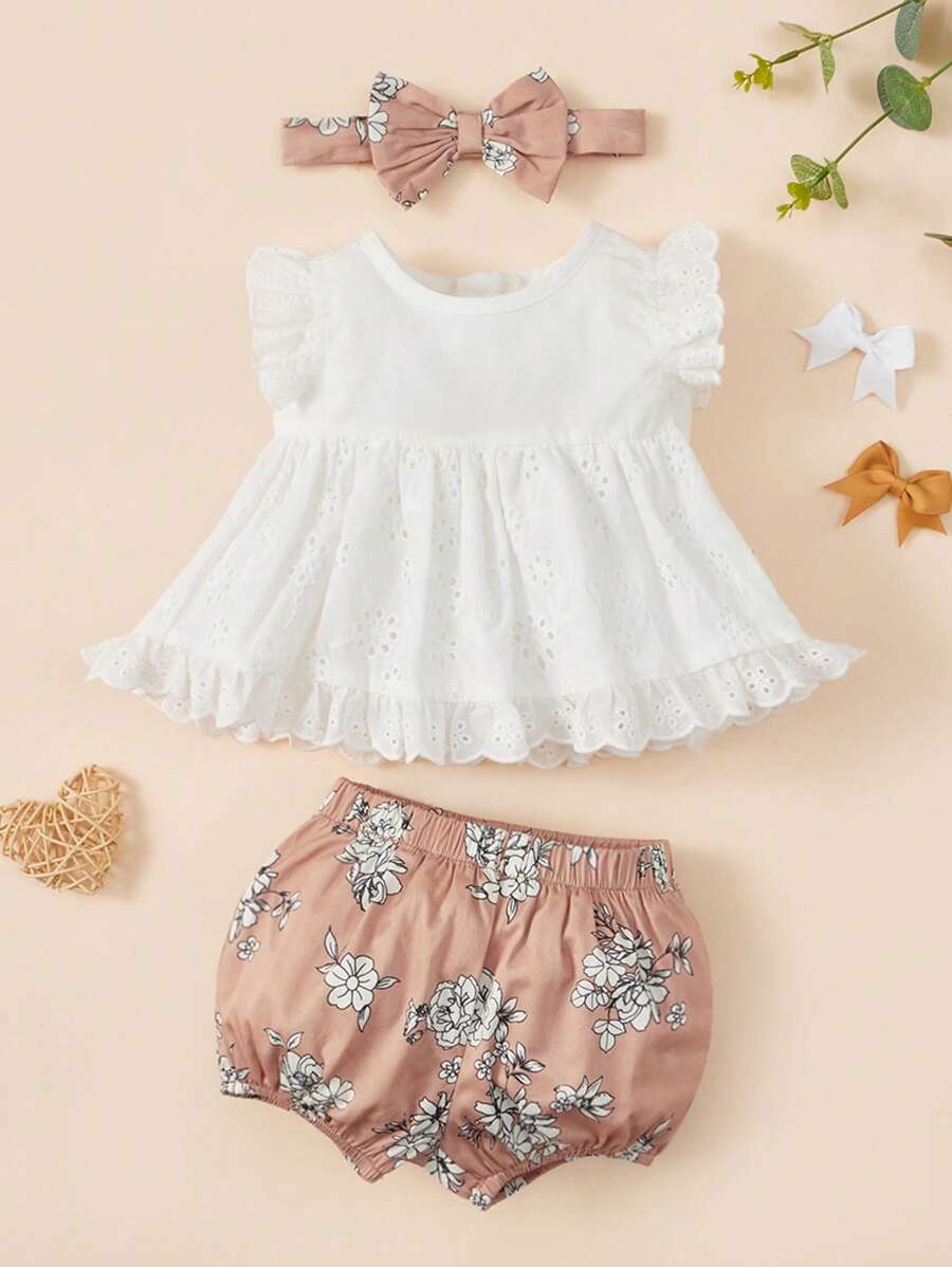 SHEIN cái/bộ Áo sơ sinh bé gái mềm mại, giản dị, thoải mái, thời trang, ngắn gọn, thiết thực, áo xếp nếp thêu dệt màu trắng với quần soóc in hình và băng đô in hình đàn hồi - Nhiều màu - Xem 1