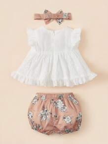 SHEIN cái/bộ Áo sơ sinh bé gái mềm mại, giản dị, thoải mái, thời trang, ngắn gọn, thiết thực, áo xếp nếp thêu dệt màu trắng với quần soóc in hình và băng đô in hình đàn hồi - Nhiều màu - Xem 2