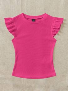 Soleia WYWH Vacation Ruffle Trim Ribbed Knit Pink Tee - Hot Pink - View 5