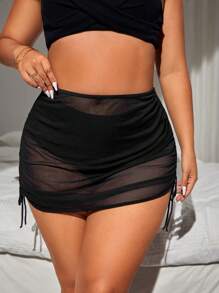 Swim Basics 大碼側抽繩沙灘纏腰式半身裙不附比基尼下裝 - 黑色 - 查看 1