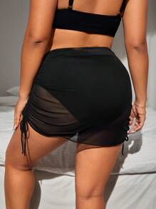 Swim Basics 大碼側抽繩沙灘纏腰式半身裙不附比基尼下裝 - 黑色 - 查看 2