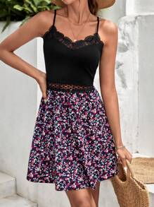 SHEIN Frenchy 碎花鏤空蕾絲花邊吊帶連衣裙