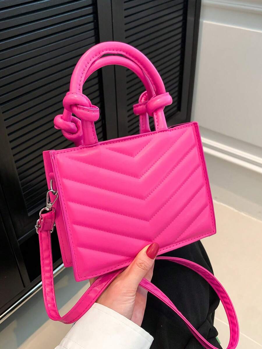 Mini Minimalist V-Shaped Quilted Design Double Handle Handheld Square Bag - Hot Pink - View 1