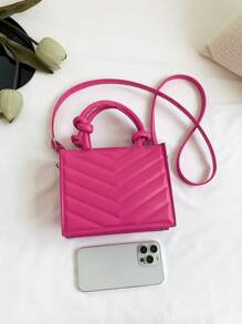 Mini Minimalist V-Shaped Quilted Design Double Handle Handheld Square Bag - Hot Pink - View 4