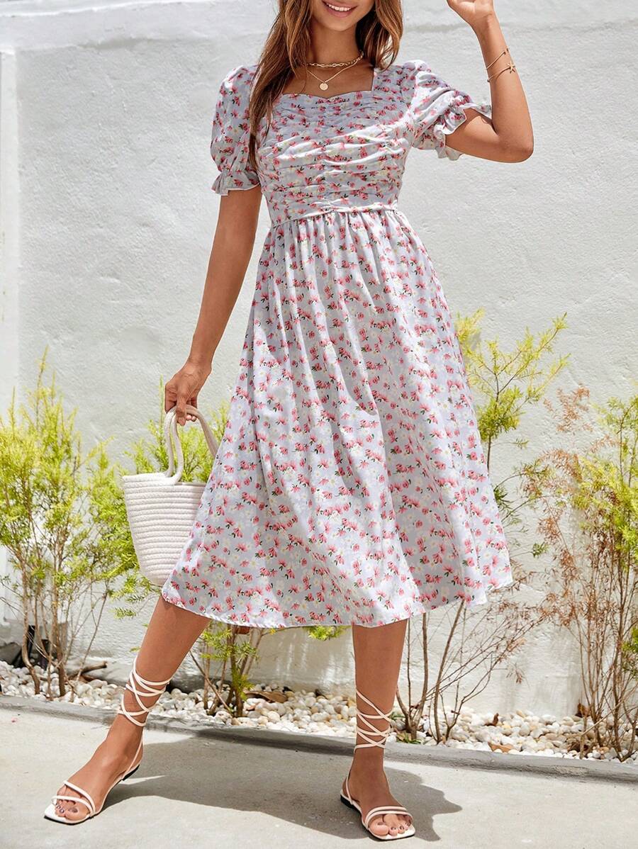 SHEIN VCAY Ditsy Floral Print Ruched Front Puff Sleeve Dress - Multicolor - View 1