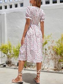 SHEIN VCAY Ditsy Floral Print Ruched Front Puff Sleeve Dress - Multicolor - View 2
