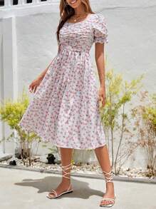 SHEIN VCAY Ditsy Floral Print Ruched Front Puff Sleeve Dress - Multicolor - View 5