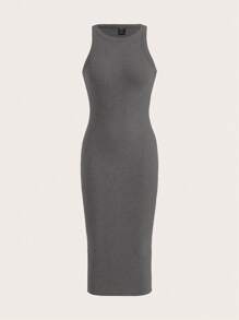 SHEIN EZwear Solid Ribbed Knit Bodycon Dress - Dark Grey - View 1