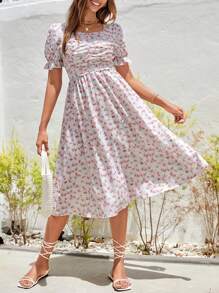 SHEIN VCAY Ditsy Floral Print Ruched Front Puff Sleeve Dress - Multicolor - View 3