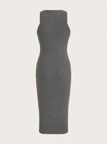 SHEIN EZwear Solid Ribbed Knit Bodycon Dress - Dark Grey - View 2