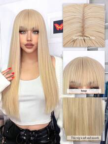 Blonde Long Straight Hair Wigs With Bangs 26 Inch Fashion Women's Wigs Synthetic Heat Resistant Wigs Daily Used Hair Beginner Friendly,Suitable For Various Occasions, Including , Christmas, New Year, Parties, Vacations, Winter - Gold - View 5