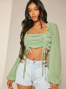 Hauture Drawstring Ruched Lantern Sleeve Crop Top - Mint Green - View 1