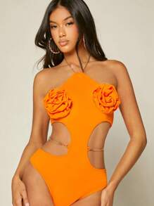 Hauture Floral Applique Chain Halter Bodysuit - Orange - View 1