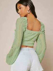 Hauture Drawstring Ruched Lantern Sleeve Crop Top - Mint Green - View 2
