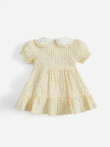 SHEIN 嬰兒嬰兒格紋印花彼得潘領泡泡袖荷葉邊洋裝