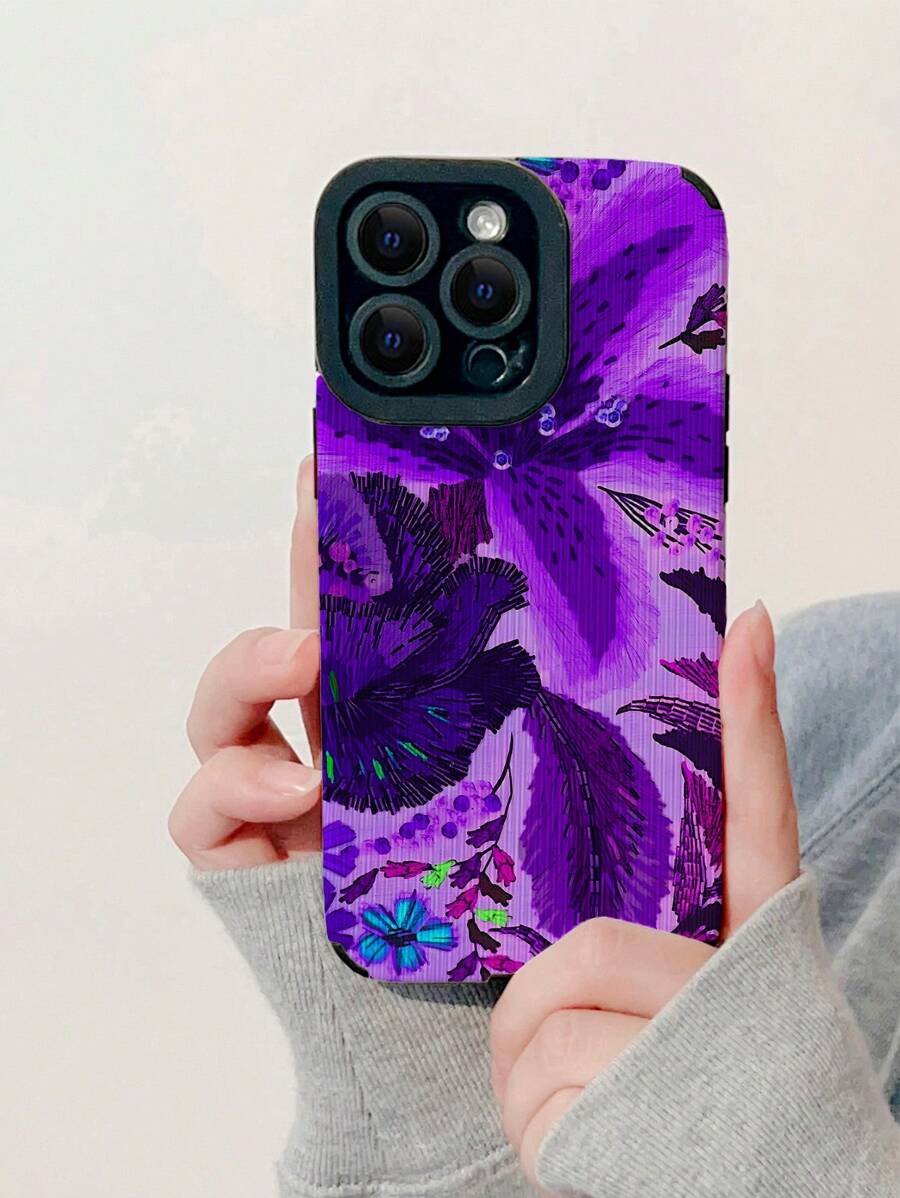 1pc Tropical Flower Pattern Painted PU Leather Apple Phone Case - Multicolor - View 1