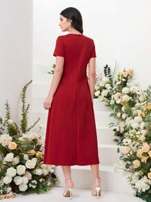 Modelyn Solid Pleated Detail A-line Dress - Red - View 2