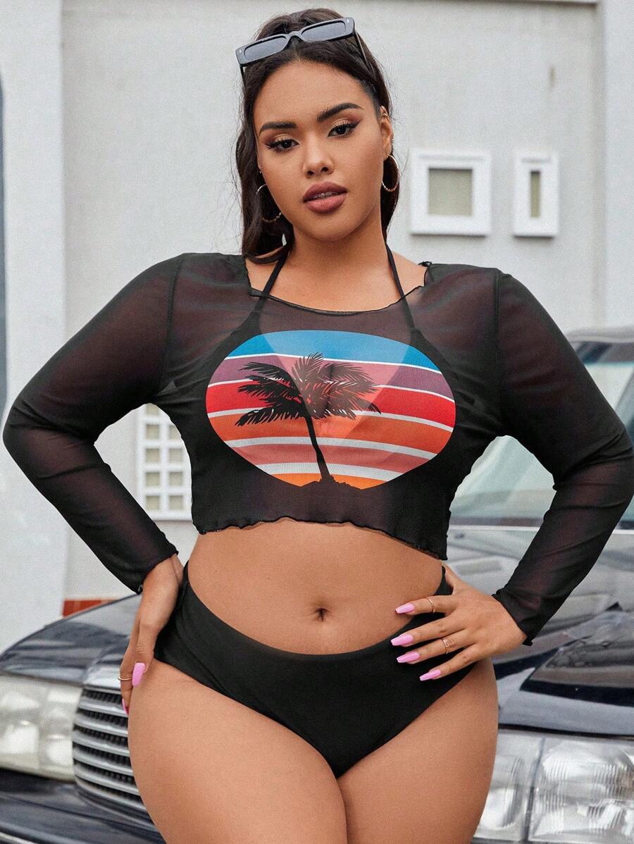 Swim EVENT Plus Size Striped Halter Triangle Bikini Set With Cover Up Summer Beach