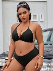Swim EVENT Plus Size Striped Halter Triangle Bikini Set With Cover Up Summer Beach