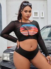 Swim EVENT Plus Size Striped Halter Triangle Bikini Set With Cover Up Summer Beach