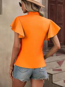 SHEIN VCAY Áo sơ mi nữ Xù Nút phía trước Ngọc trai màu trơn Thanh lịch - trái cam - Xem 2