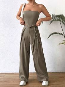 SHEIN Unity Solid Tube Top & Wide Leg Trousers - Grey - View 3