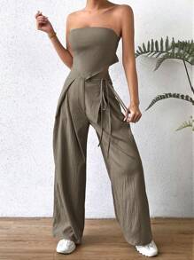 SHEIN Unity Solid Tube Top & Wide Leg Trousers - Grey - View 4