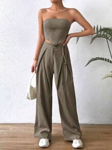 SHEIN Unity Solid Tube Top & Wide Leg Trousers - Grey - View 7