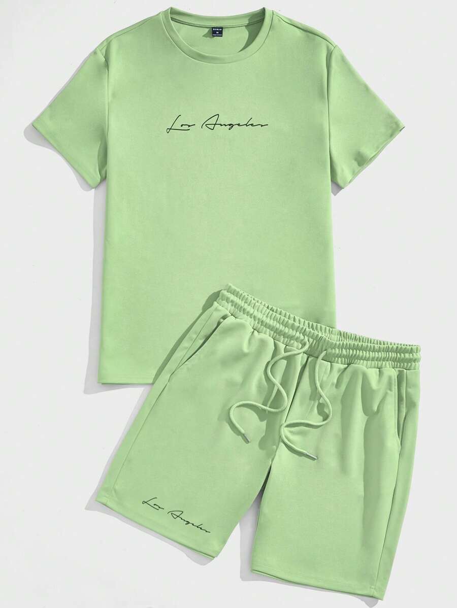 Manfinity VCAY Hombres con estampado de letra Camiseta & de cintura con cordón Shorts - Verde Lima - Ver 1