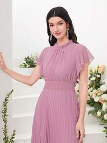 Modelyn 褶邊領蝴蝶袖百褶下擺洋裝 - 藕粉色 - 查看 3