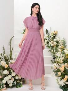 Modelyn 褶邊領蝴蝶袖百褶下擺洋裝 - 藕粉色 - 查看 5