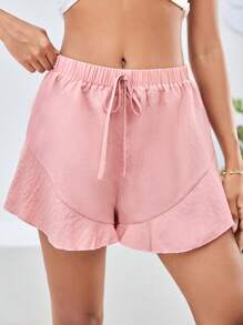 SHEIN VCAY Shorts de cintura con cordón bajo con fruncido - Rosa Pálido - Ver 1