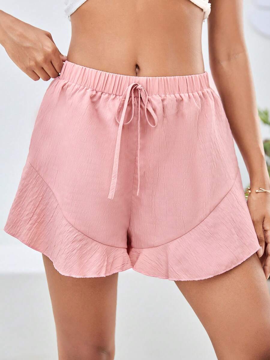 SHEIN VCAY Shorts de cintura con cordón bajo con fruncido - Rosa Pálido - Ver 1