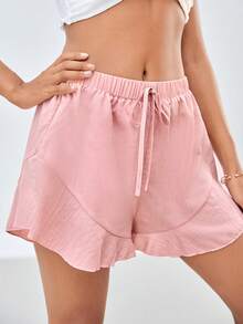SHEIN VCAY Shorts de cintura con cordón bajo con fruncido - Rosa Pálido - Ver 5