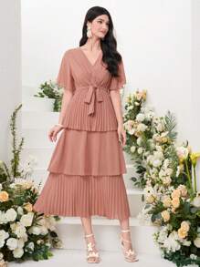 Modelyn 交疊領百褶下擺繫腰帶洋裝 - 粉色 - 查看 1