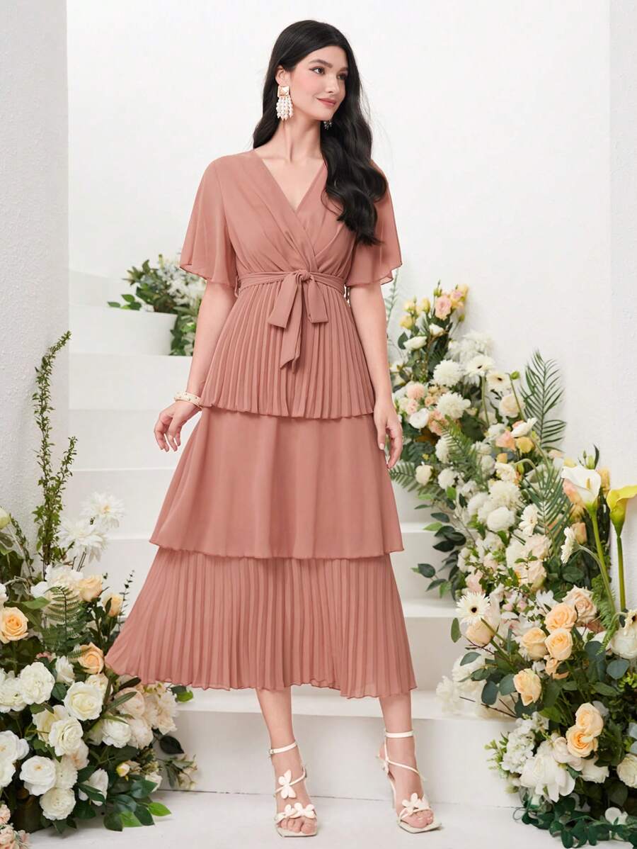 Modelyn 交疊領百褶下擺繫腰帶洋裝 - 粉色 - 查看 1