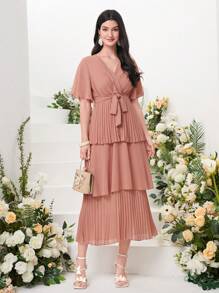 Modelyn 交疊領百褶下擺繫腰帶洋裝 - 粉色 - 查看 3