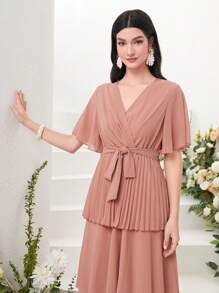 Modelyn 交疊領百褶下擺繫腰帶洋裝 - 粉色 - 查看 4