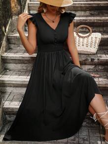 SHEIN Clasi 荷葉邊紐扣細節洋裝 - 黑色 - 查看 3