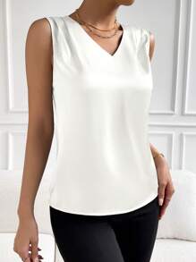 EMERY ROSE Solid V Neck Satin Sleeveless Blouse For Holiday Party Clothes