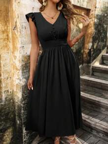 SHEIN Clasi 荷葉邊紐扣細節洋裝 - 黑色 - 查看 5