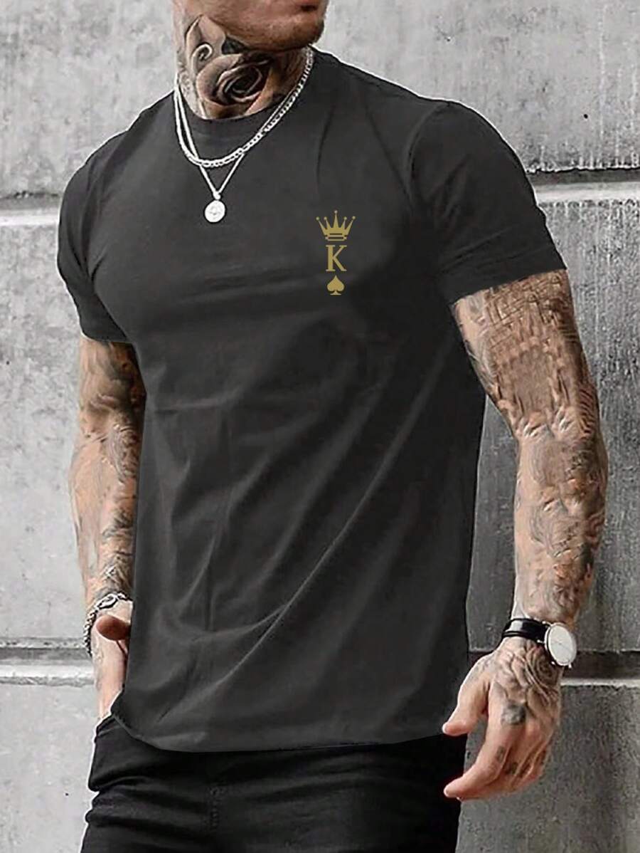 Manfinity Homme 男士皇冠和撲克牌圖案T恤 - 深灰色 - 查看 1